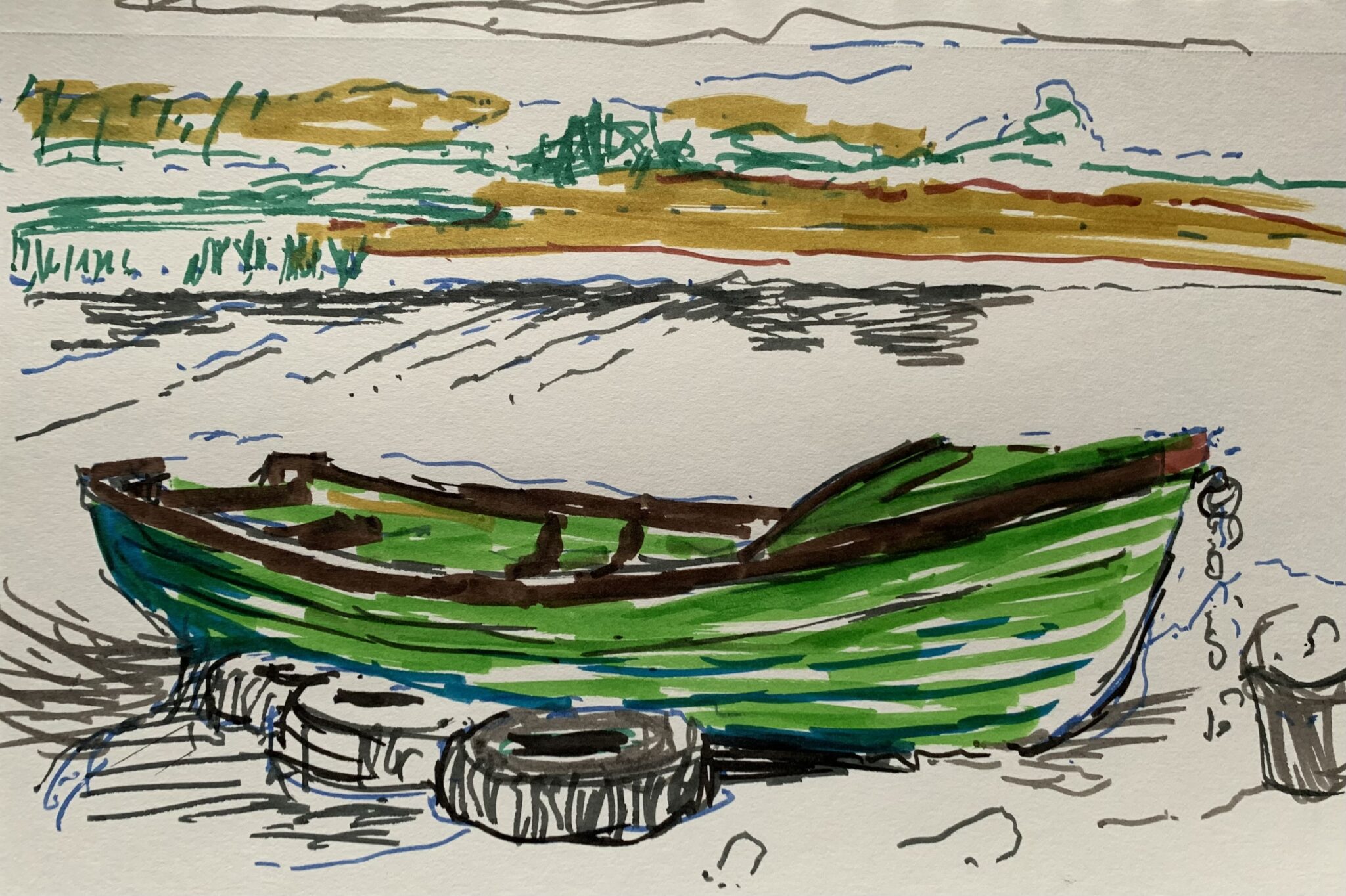 A quick rendition of a fishing boat docked onshore, using watercolor markers. Credit: Jill Tyler
